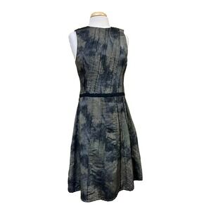 VERONIKA MAINE Fit & Flare Dress Gray Watercolor Pintucks Sleeveless Lined SZ 14